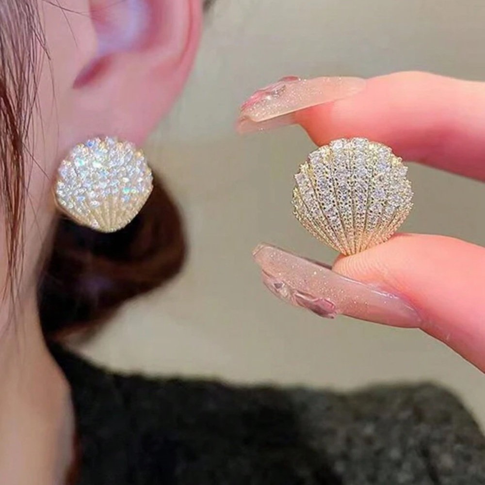 Elegant Gold Shell Earrings, Gold Cubic Zirconia Seashells Earrings
